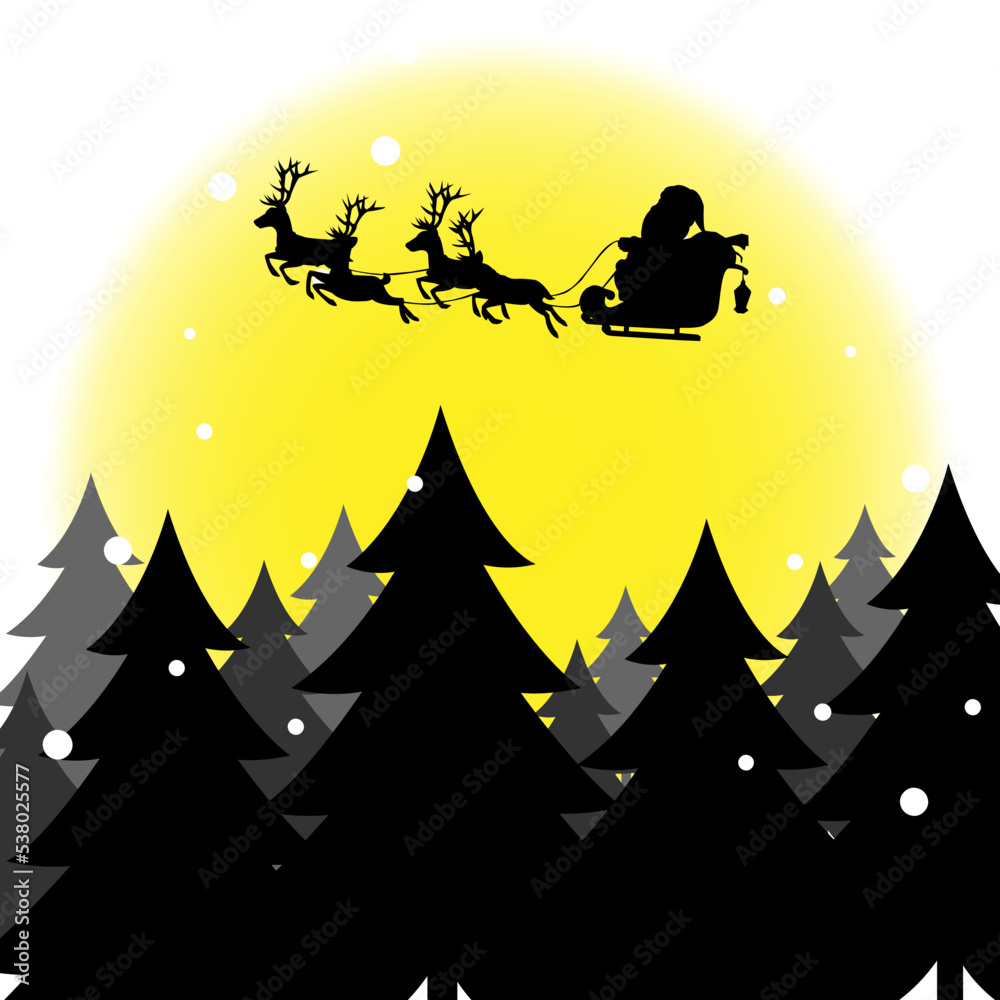 Christmas tree with santa sleigh on snow field background.