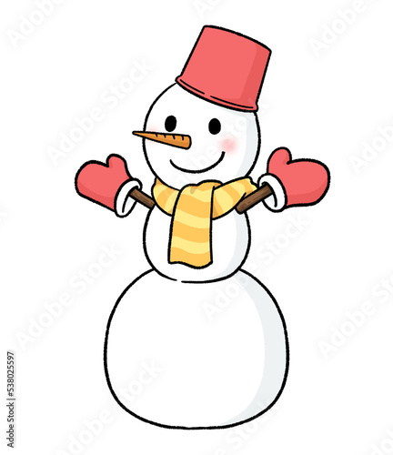 手袋とバケツをかぶる三段重ねの雪だるま