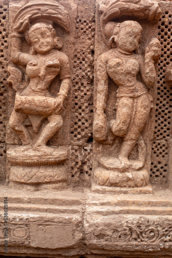 Rock Carvings and Sculptures of 13th century A.D. Suka Sari temple. Ancient Indian architecture in Odisha, India.