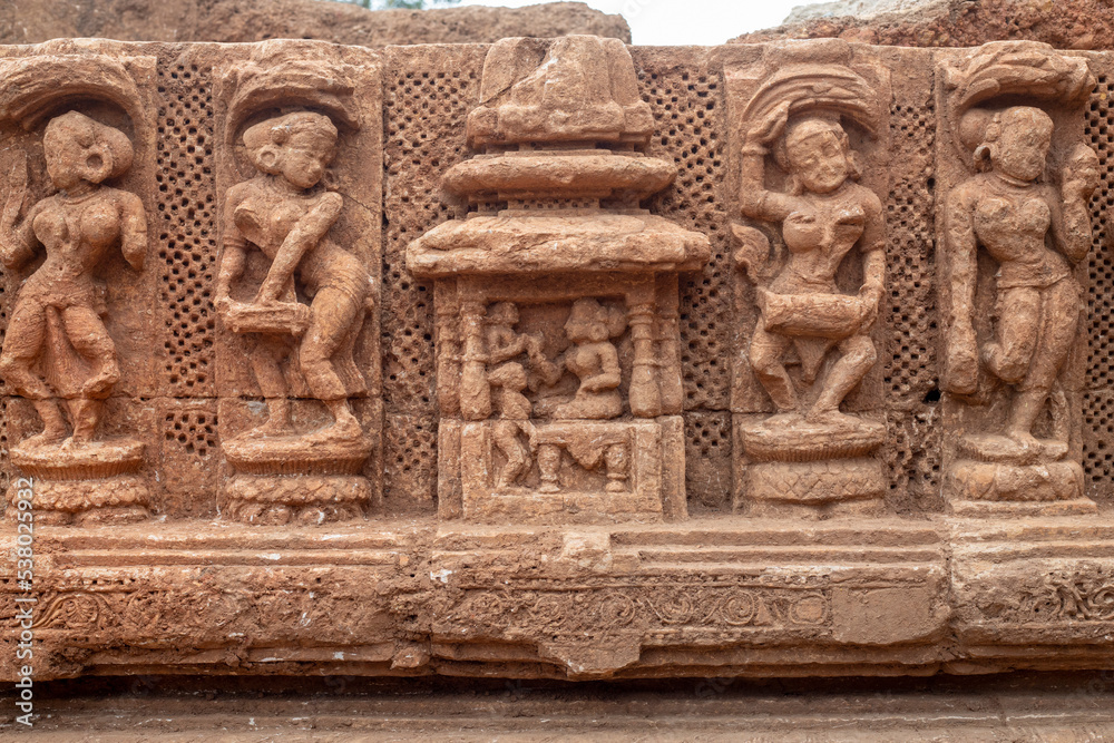 Example of ancient Indian architecture and traditional style relief of the ancient 13th century A.D. Suka Sari temple, Ekamra Kshetra, Old Town, Bhubaneswar, Odisha, India.