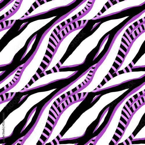 Abstract white violet and black stripes, lines seamless pattern. Animal skin repeat print. Zebra fur, snake imitation design for textile, fabric, wallpaper, wrapping paper, decoration.