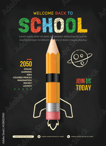 Pencil rocket launching to space background. Back to school concept for invitation poster and banner, Online learning and Web page template