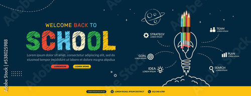 Back to School horizontal infographic with rocket pencil launching to space. Online courses, learning and tutorials Web page template. Online education concept