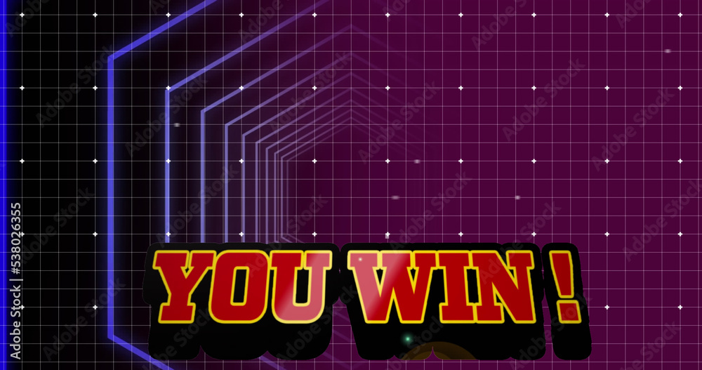 Illustration of you win text with illuminated hexagon shape over dots and grid pattern