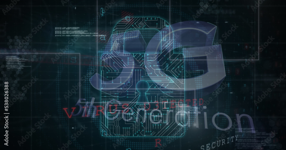 Illustration of 5g and 5th generation text over circuit board patterned padlock and database Illustration of 5g and 5th generation text over circuit board patterned padlock and database