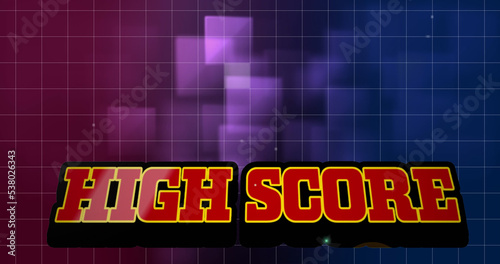 Illustration of high score text with grid pattern over square shapes, copy space