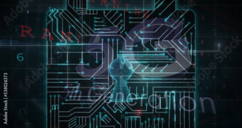 Illustration of 5g, 5th generation text, circuit board patterned padlock against digits and letters