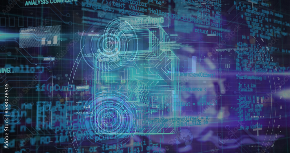 Illustration of padlock with circuit board pattern over programming language and graphs