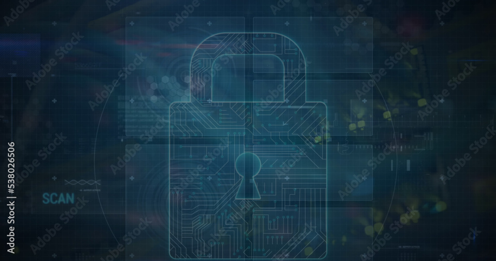Illustration of padlock with circuit board pattern over programming language and geometric shapes