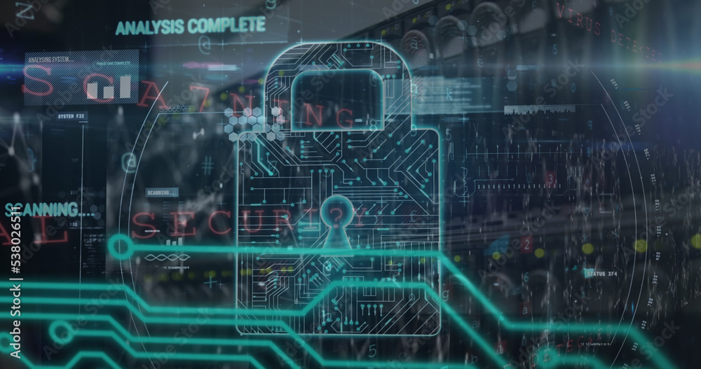 Composite of multiple words with programming language and padlock over network server room Composite of multiple words with programming language and padlock over network server room