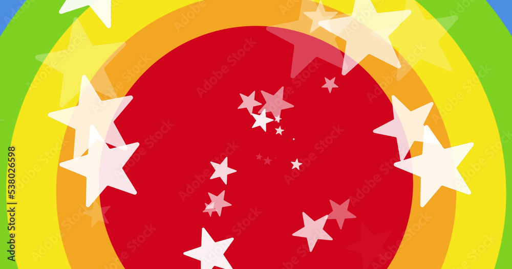 Fototapeta premium Illustration of stars shapes over colorful multiple circles, copy space