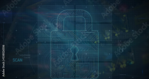 Illustration of padlock with circuit board pattern over programming language and geometric shapes
