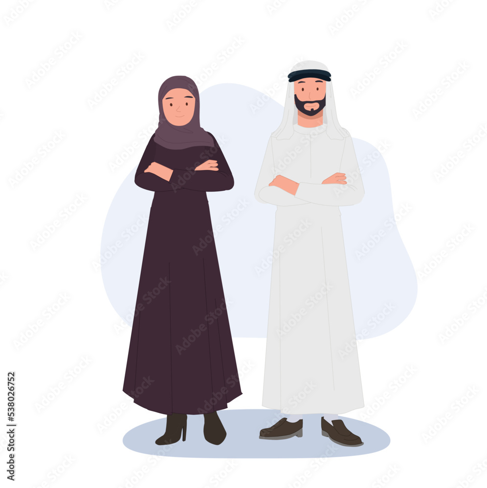 Arab Muslim couples. Arabian people in traditional hijabs. Saudi man and woman. vector illustration of Islamic characters.