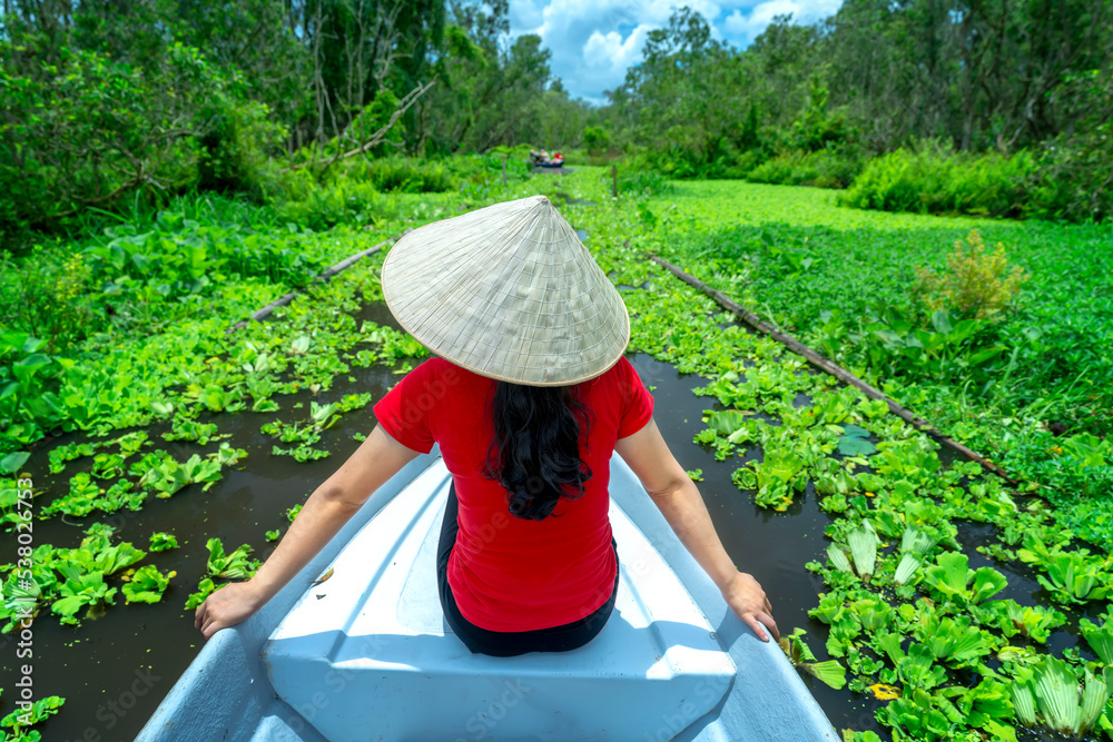 Traveler woman on a boat tour along the canals in the mangrove forest. This is an eco tourism area at Mekong Delta in An Giang, Vietnam