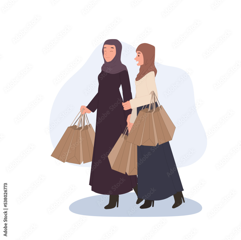 Obraz premium 2 Arabs Women Shopping together. Muslim woman frineds go to shopping with shopping bag in hands. Vector illustration