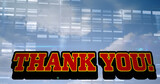 Composite of red thank you text with illuminated graphs over cloudy sky, copy space