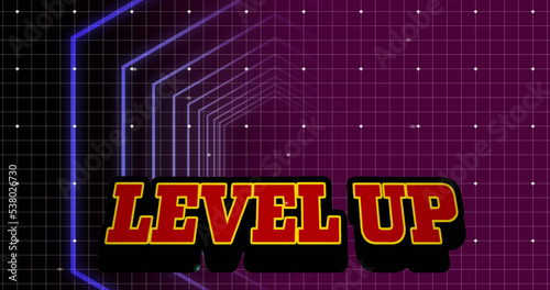 Illustration of level up text with illuminated hexagon shape over dots and grid pattern