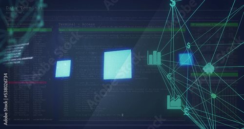 Illustration of icons connected with lines, squares, programming language over database, copy space