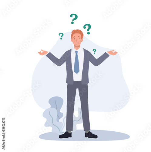 thinking, help Confused businesspeople asking questions with question mark around. Vector illustration