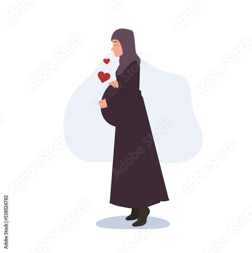 pregnant Muslim woman in abaya and hijab. Future Muslim Mother Care Positive Emotion. Vector illustration