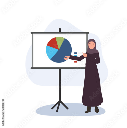 arab businesswoman presenting financial circle graph on board. full length of arabic business woman making presentation. Vector illustration