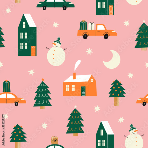 Hand drawn houses for winter, New Year and Christmas fabrics and decor. Northern town. Seamless pattern.