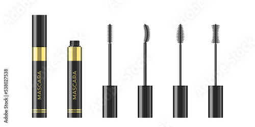 Mascara bottle and brushes. Cartoon illustration of a closed and open black tubes with a four wands isolated on a white background. Makeup for eyes. Vector 10 EPS.