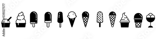 Ice cream vector icons set. Waffle cone illustration sign collection. Ice lolly symbol. Frozen juice logo.