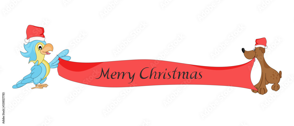 Fototapeta premium Christmas gift card with Merry Christmas wishes with animals. Dog and parrot hold banner with inscription Merry Christmas. Print.