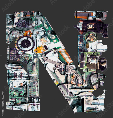 The Letter  N made up from old electronic parts