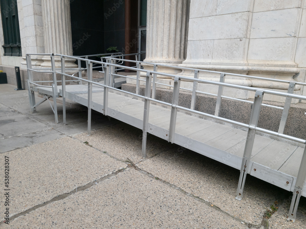 A metal ramp in front of a building in Detroit, Michigan A metal ramp in front of a building in Detroit, Michigan