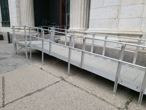 A metal ramp in front of a building in Detroit, Michigan