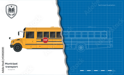 Isolated school bus drawing. 3d outline blueprint of municipal transport. Top, side, front vehicle view. Academy orange lorry. Industrial clipart