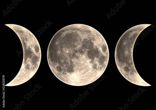 Illustration of Wiccan moon symbol, full moon and crescents, isolated, black background