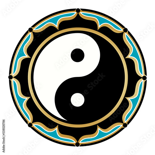 Illustration of a Yin Yang symbol in a lotus flower, Chinese, Taoist, sign, isolated, white background