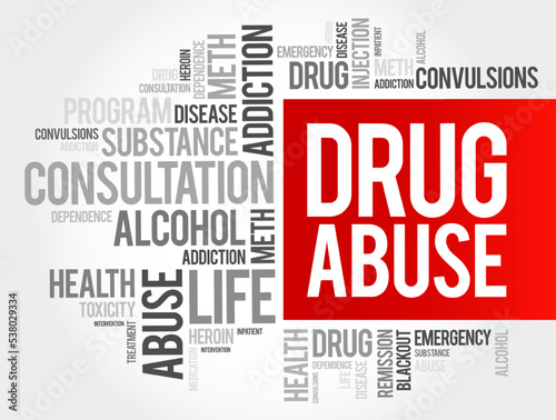 Drug Abuse - use of certain chemicals for the purpose of creating pleasurable effects on the brain, word cloud health concept background
