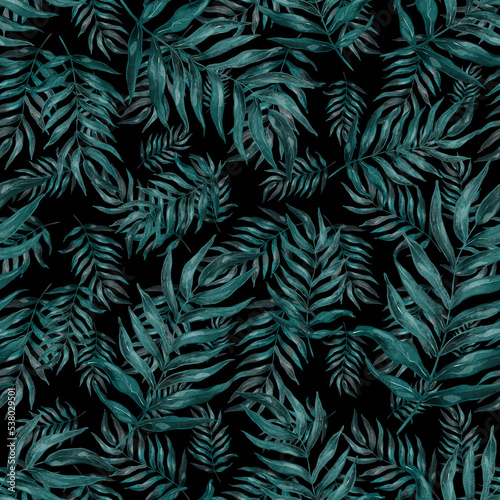 Fototapeta Naklejka Na Ścianę i Meble -  Watercolor seamless pattern with palm leaves. Beautiful allover tropical print with hand drawn exotic plants. Swimwear botanical design.	