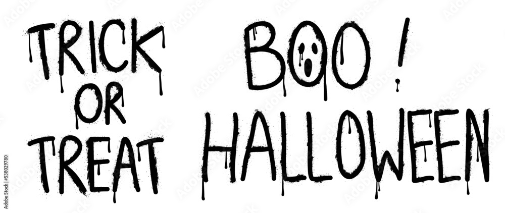 Set of graffiti spray pattern. Collection of halloween quote, trick or treat, boo, text, phrase with spray texture. Elements on white background for banner, decoration, street art, halloween. Set of graffiti spray pattern. Collection of halloween quote, trick or treat, boo, text, phrase with spray texture. Elements on white background for banner, decoration, street art, halloween.