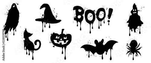 Set of graffiti spray pattern. Collection of halloween symbols, cat, bat, spider, ghost, pumpkin, hat with spray texture. Elements on white background for banner, decoration, street art, halloween.