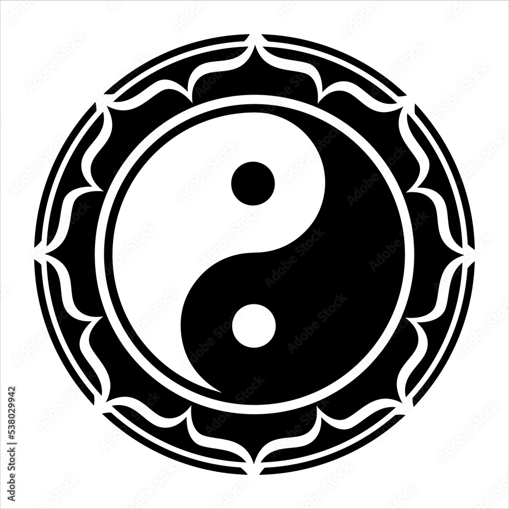 Illustration of a Yin Yang symbol in a lotus flower, Chinese, Taoist, sign, vector, isolated