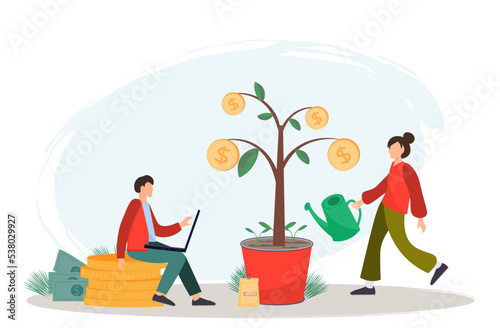 Young people or family watering money tree, investment, family budget, money saving concept, flat vector illustration.