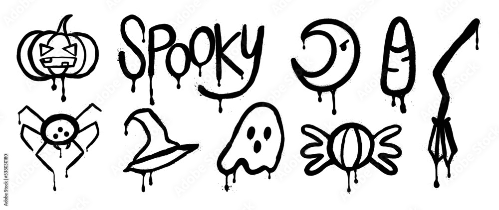 Set of graffiti spray pattern. Collection of halloween symbols, spooky, pumpkin, candy, bat, ghost with spray texture. Elements on white background for banner, decoration, street art, halloween. Set of graffiti spray pattern. Collection of halloween symbols, spooky, pumpkin, candy, bat, ghost with spray texture. Elements on white background for banner, decoration, street art, halloween.