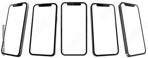 Smartphone mockup similar to iphone 12 isolated with transparent screen png in different viewing angles