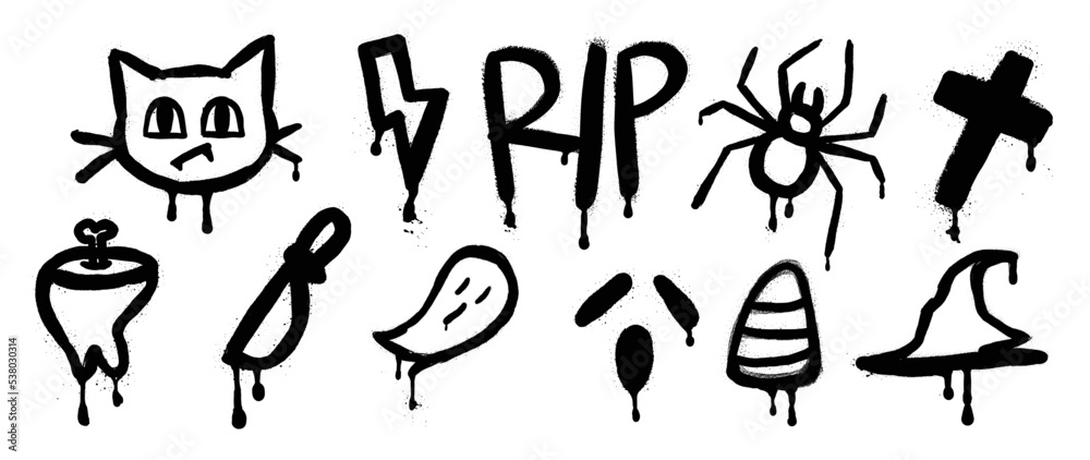 Set of graffiti spray pattern. Collection of halloween symbols, cat, spider, candy, witch hat, ghost with spray texture. Elements on white background for banner, decoration, street art, halloween. Set of graffiti spray pattern. Collection of halloween symbols, cat, spider, candy, witch hat, ghost with spray texture. Elements on white background for banner, decoration, street art, halloween.