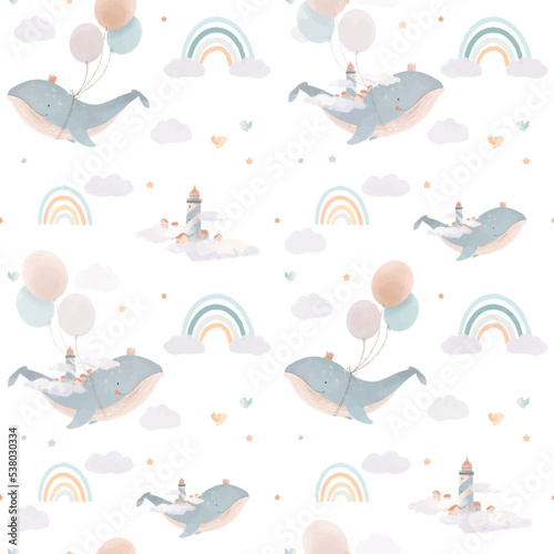 Beautiful vector children seamless pattern contain cute watercolor flying whales with air balloons lighthouses clouds and rainbows. Stock illustration.