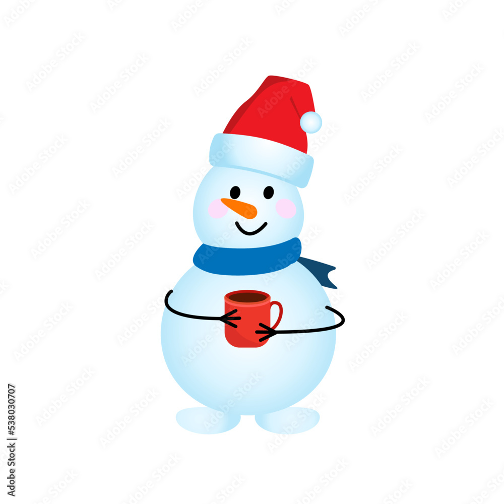 character is a snowman in a scarf and a hat with a red mug. Vector illustration.