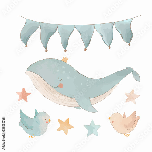 Beautiful vector children set contain cute watercolor whale with birds stars and flags clip art. Stock illustration.
