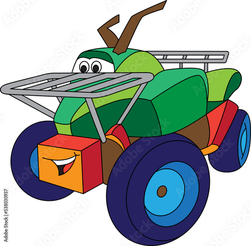 Cartoon quad bike for boys. Small funny cute vehicle with eyes and mouth, funny smile auto icon.  Children color illustration. Comic character for kids