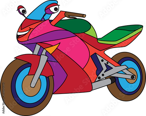 Cartoon motorbike for boys. Small funny cute vehicle with eyes and mouth, funny smile auto icon.  Children color illustration. Comic character for kids