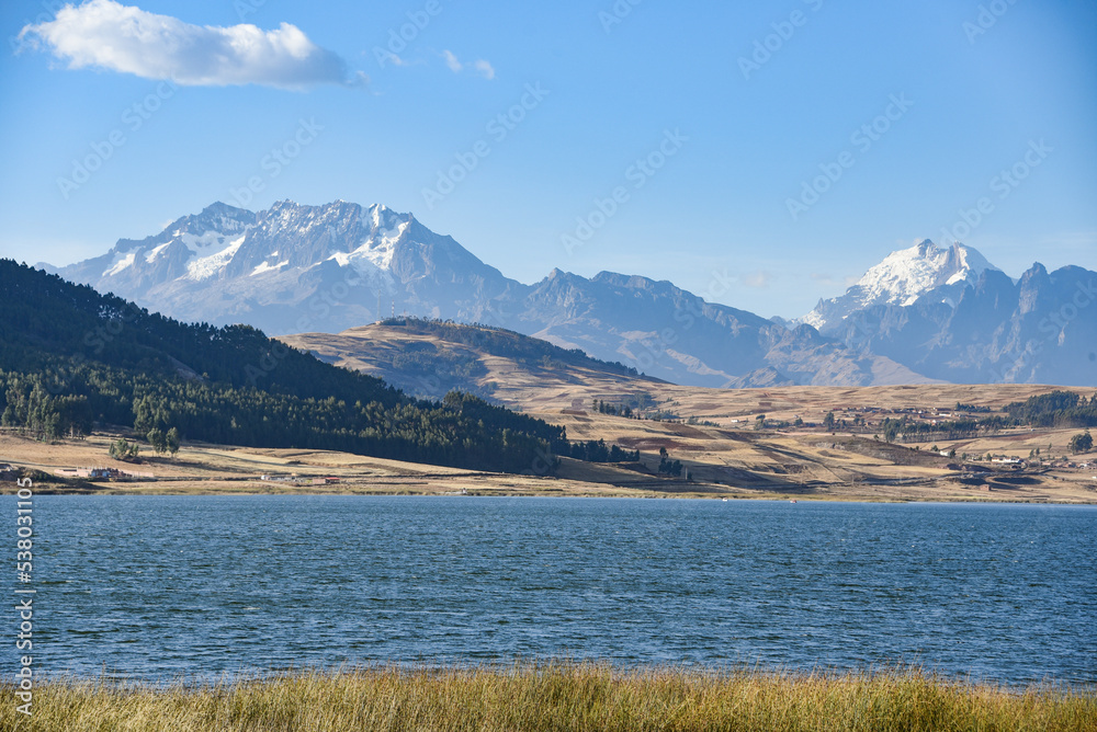 Views of the Andes mountains from Lake Huaypo, Cusco, Peru